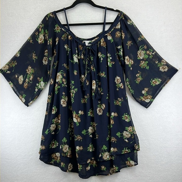 Purple Snow Women’s Top Sz M Navy Floral Cold Shoulder Long Sleeves Flowy BOHO - Picture 1 of 12
